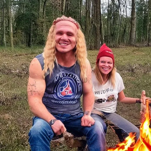 Prompt: photo of hillbilly smiling with long blonde hair near a bonfire