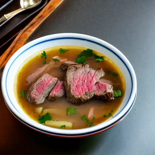 Prompt: a bowl of steak soup on a table corner view in the style of studio ghibli, fancy