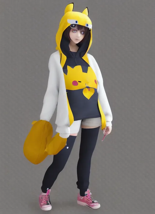 Image similar to vrchat, secondlife, imvu, 3 d model of a girl in a pikachu hoodie, cutely designed clothing, hq render, detailed textures, artstationhd, booth. pm, highly detailed attributes and atmosphere, dim volumetric cinematic lighting, hd, unity unreal engine