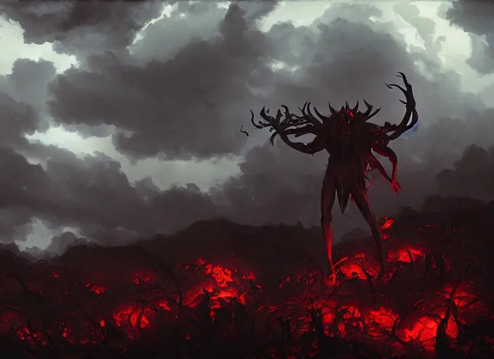 Image similar to a photorealistic shadow demon appears in the storm clouds above, hellish forest of death landscape at night, rule of thirds, digital painting by sargent and leyendecker, fantasy, medium shot, intricate, matte painting, crimson gradient, dynamic lighting, by greg rutkowski and greg tocchini and james gilleard and joe fenton and greg manchess