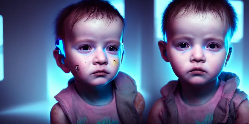 Prompt: realistic portrait of a cyberpunk baby, octane render, coherent, cinematic, highly detailed, 8k,