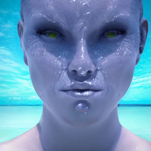 Prompt: water artwork manipulation in the shape of a human head, on the ocean water, futuristic, award winning, hyper realistic, ray tracing, realistic water, sharp focus, long shot, 8 k resolution, cinematic, photoshop water art