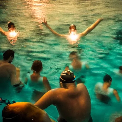 Image similar to swimming diverse groups of humans glowing sea at night, from behind, wide angle, elaborate, highly detailed, beautiful lighting