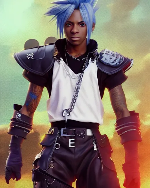 Image similar to highly detailed vfx portrait of a soulja boy wearing cloud strife's outfit from final fantasy vii. unreal engine, greg rutkowski, loish, rhads, beeple, makoto shinkai and lois van baarle, ilya kuvshinov, rossdraws, tom bagshaw, alphonse mucha, global illumination, detailed and intricate environment