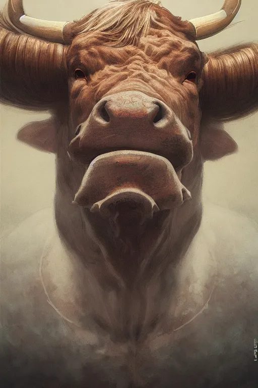 Prompt: a portrait of bull illustrated by miyazaki by karol bak, james jean, tom bagshaw, rococo, sharp focus, trending on artstation, cinematic lighting, hyper realism, octane render, 8 k, hyper detailed, vivid, ultra detailed, highly detailed