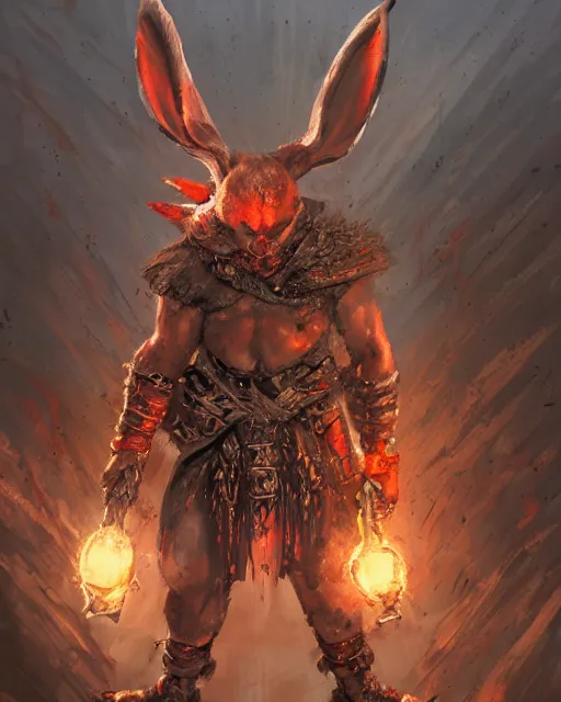 Image similar to Rabbit Berserker, rage, maniac, war paint, red, Khorne, magic the gathering artwork, D&D, fantasy, cinematic lighting, centered, symmetrical, highly detailed, digital painting, artstation, concept art, smooth, sharp focus, illustration, volumetric lighting, epic Composition, 8k, art by Akihiko Yoshida and Greg Rutkowski and Craig Mullins, oil painting, cgsociety