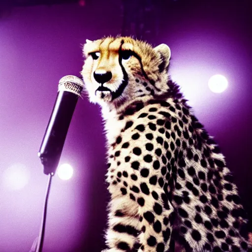 Image similar to cheetah singing in an 8 0 s rock band,