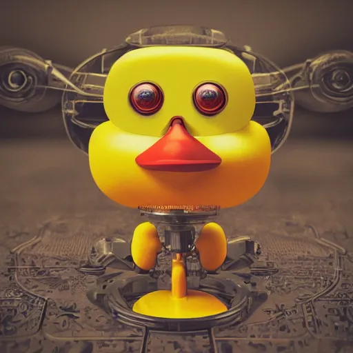 Image similar to closeup portrait of tin toy retro robot yellow duck, depth of field, red zeiss lens, detailed, centered, fashion photoshoot, by nicoletta ceccoli, mark ryden, lostfish, extremely detailed, artistic, hyperrealistic, octane render