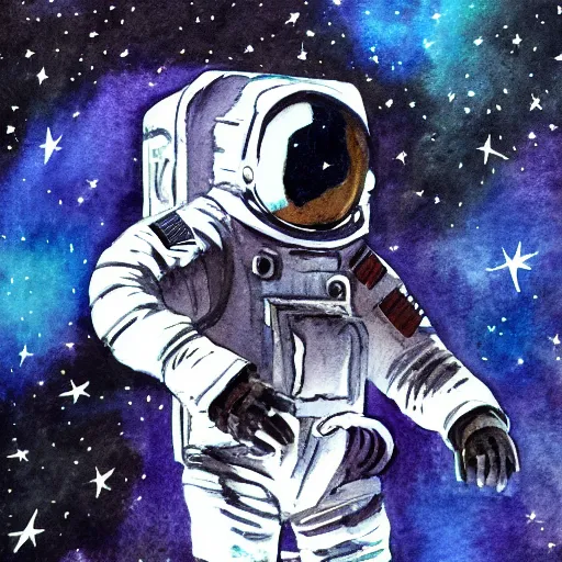 Prompt: astronaut lost in space, watercolor drawing, endless universe, dark, apocalypse