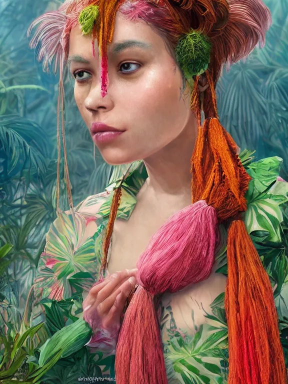 Prompt: beautiful portrait of a Subtropics minority female wearing fantastic Hand-dyed cotton with decorative fringe costume, pigtail,subtropical plants,subtropical plants flowers,intricate, elegant, highly detailed, dim volumetric lighting, 8k,octane,post-processing,digital painting, trending on artstation, concept art, smooth, sharp focus, illustration,by Tom Bagshaw and Daniel Gerhartz and Albert Aublet and Lawrence Alma-Tadema and alphonse mucha