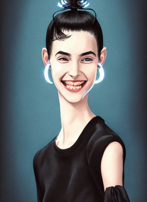 Image similar to fully body portrait of high school girl, realistic, black hair, bangs, half updo hairstyle, pointy nose, skinny, smile, ugly, defined jawline, big chin, hair bow, earrings, intricate, elegant, glowing lights, highly detailed, digital painting, artstation, sharp focus, illustration, art by wlop, mars ravelo and greg rutkowski