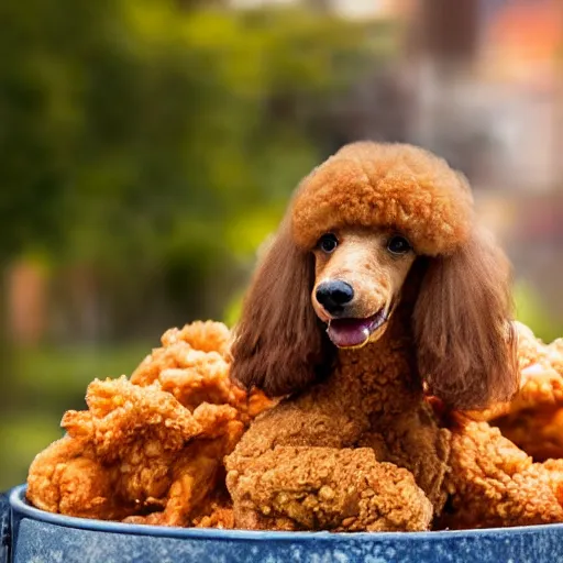 Prompt: An adorable yummy poodle made out of delicious greasy crispy fried chicken, high resolution photo