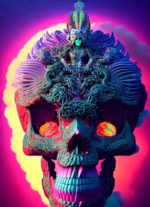 Image similar to 3 d goddess profile portrait, sigma 5 0 0 mm f / 5. beautiful intricate highly detailed quetzalcoatl skull and feathers. bioluminescent, plasma, lava, ice, water, wind, creature, thunderstorm! artwork by tooth wu and wlop and beeple and greg rutkowski, 8 k trending on artstation,