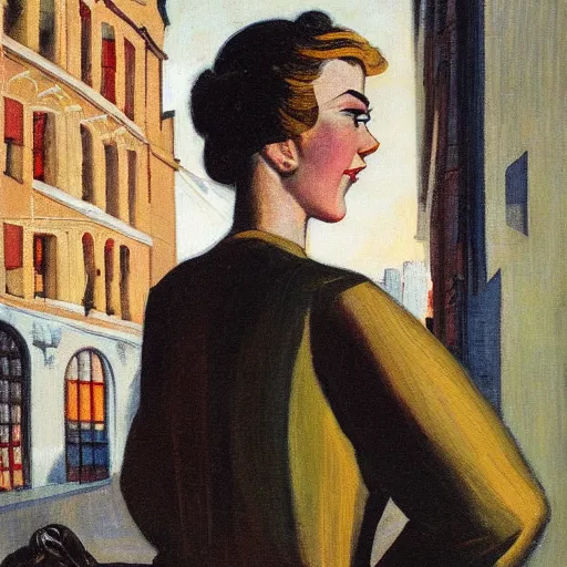 Prompt: woman, city, looking down, street top view, by enoch bolles