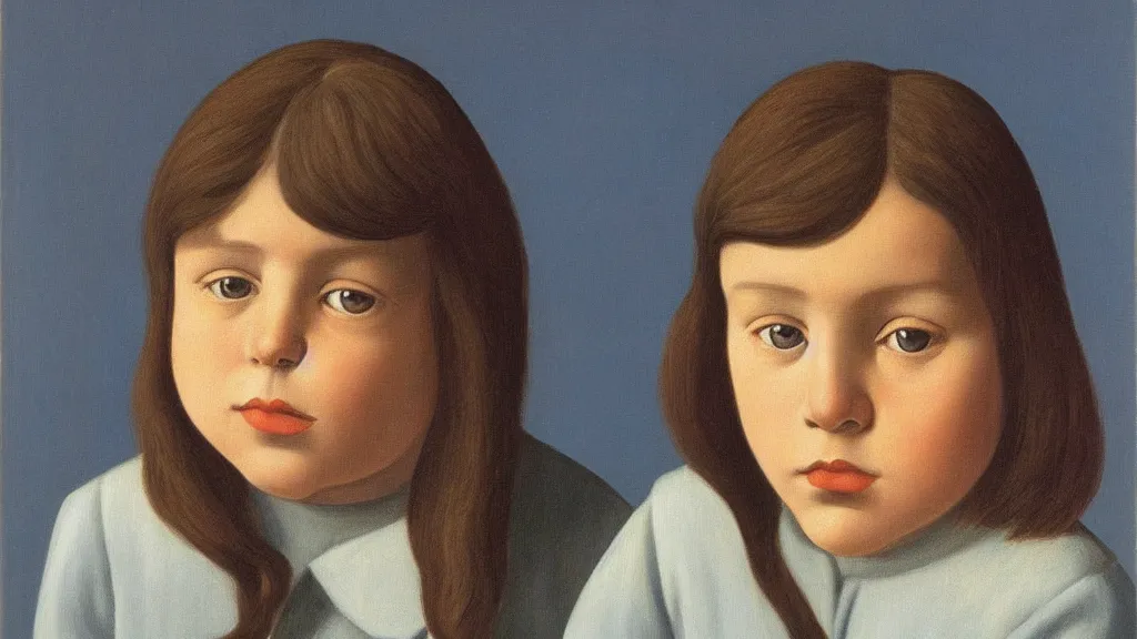 Prompt: A decent young girl portrait by Rene Magritte.