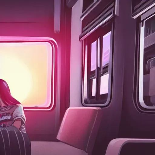Prompt: Young girl looking out the window of a train with the setting sun in the background and a foggy futuristic cyberpunk city in the foreground. A lizard man sleeps on a seat next to the girl, dimly lit by LED lights.