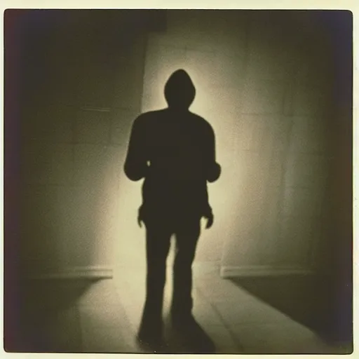 Prompt: tarman from the return of the living dead at the end of a dark hallway, polaroid,