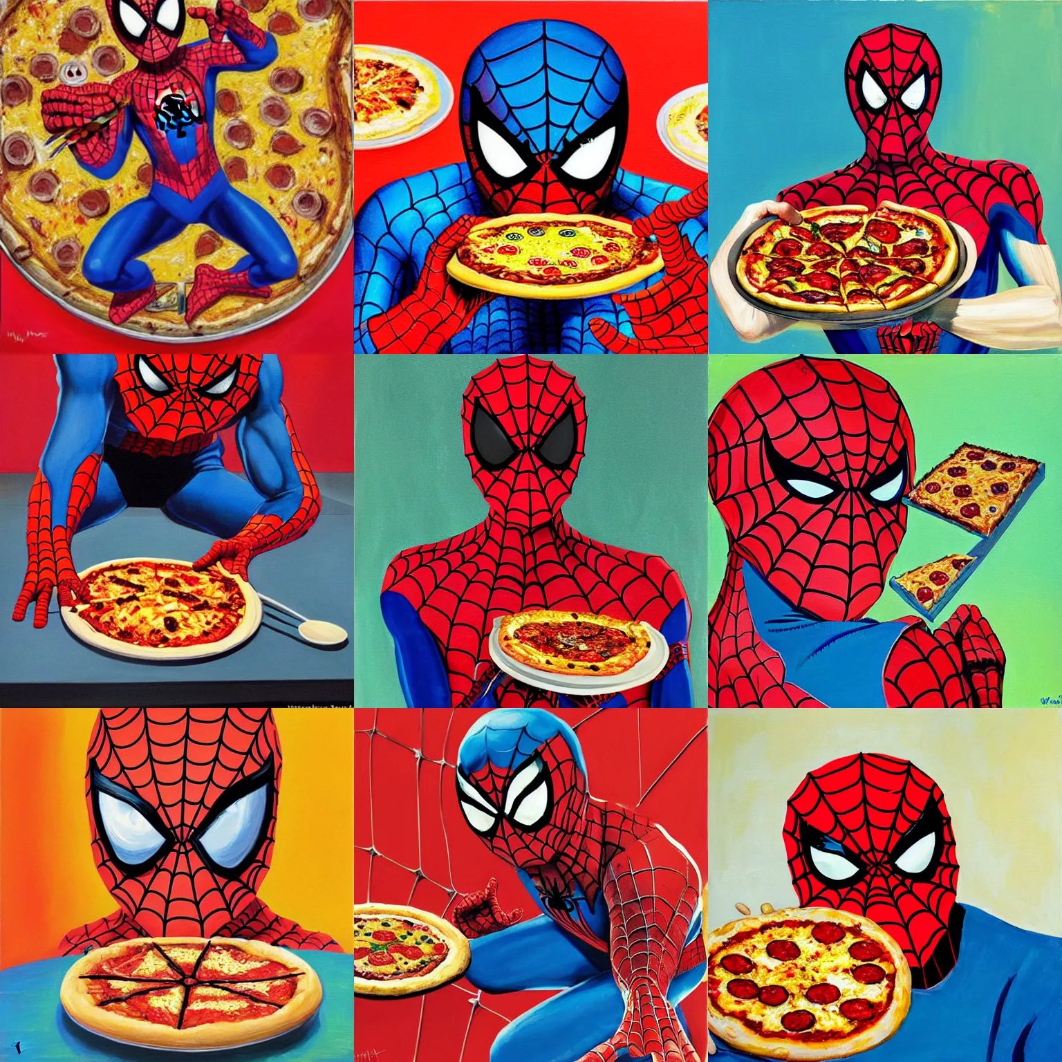 Prompt: a portrait of a happy Spiderman eating pizza by Wayne Thiebaud, painting by Wayne Thiebaud, heavy pigment, colourful, heavy impasto technique, anime style, big eyes, space age pop