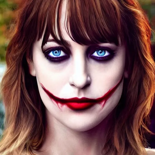 Image similar to beautiful dakota johnson with joker makeup, highly detailed, realistic face, detailed face, amazing digital art