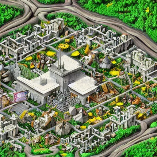 Image similar to isometric DND fantasy forest, war fort, 3d render, fantasy city, surrounded by white