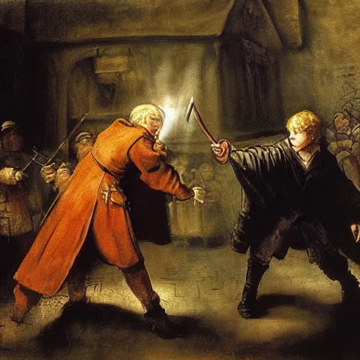Prompt: harry potter defeating draco malfoy, painted by rembrandt