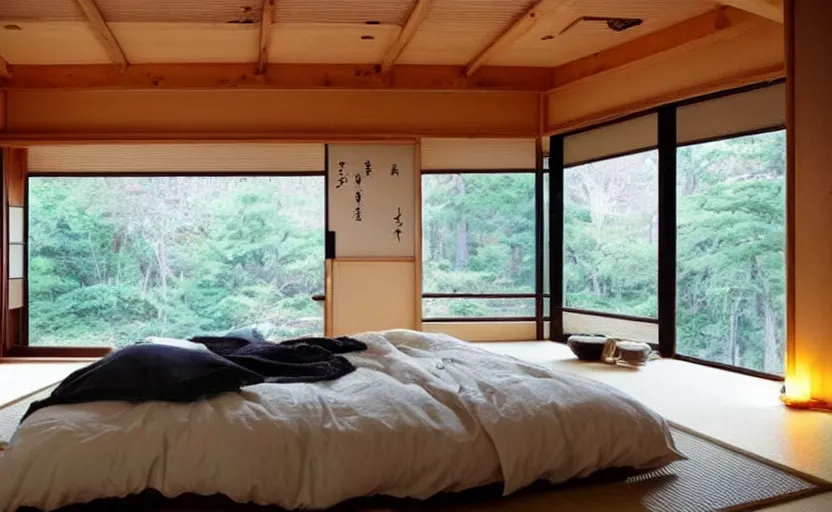 Image similar to bedroom in japanese style, rustic wood, bright, one large window in the back with a view of a forest, green walls, zen, feng shui, minimalistic, retro design, swedish design