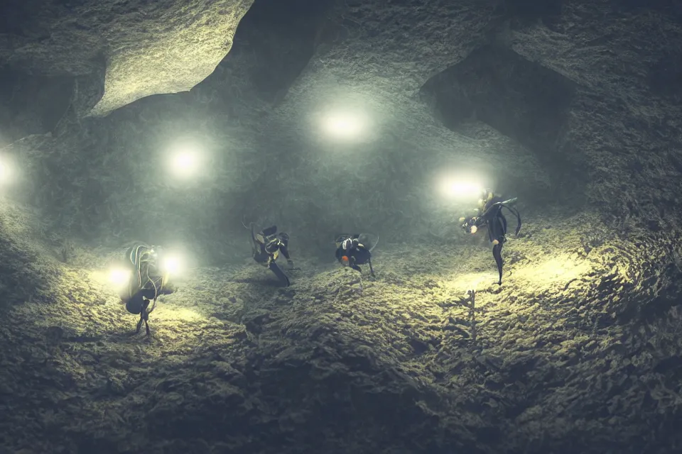 Prompt: divers with headtorch exploring a mystical crystal cave, realistic, octane render