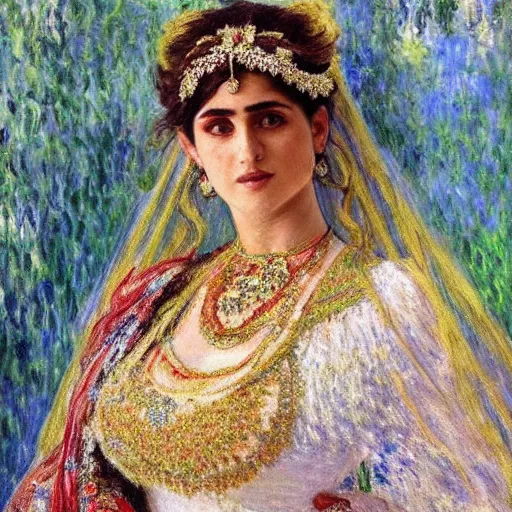 Image similar to full body portrait of a beautiful Kurdish bride wearing beautiful a beautiful wedding dress, very detailed eyes, hyperrealistic, beautiful, very detailed painting by Claude Monet and Alphonse Mucha, trending on artstation, extremely high detail, incredibly intricate