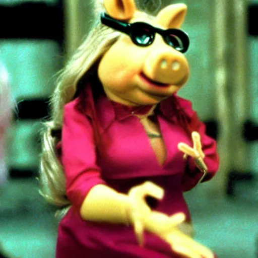 Prompt: movie still of miss piggy starring as trinity in the matrix 1 9 9 9 movie fighting agent smith