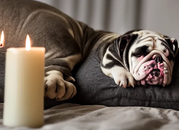 Image similar to a closeup, 4 5 mm, portrait of a sleeping english bulldog in a bed, on a pillow, candle light, 4 5 mm, by franz lanting