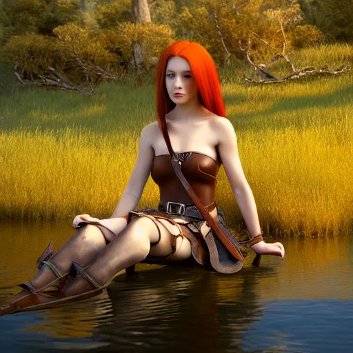 Prompt: beautiful female redhead elf warrior wearing tanned leather and a short - bow and quiver on her back, sitting next to a beautiful lake at sunset, enjoying the wind, looking at the swans in the water. 8 k ultra realistic, award winning, unreal engine 5, masterpiece, atmosphere glow, hyperrealistic, focused, extreme details, cinematic