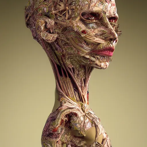 Image similar to beatifull face portrait of a woman, 150 mm, anatomical, flesh, flowers, mandelbrot fractal, facial muscles, veins, arteries, intricate, golden ratio, full frame, microscopic, elegant, highly detailed, ornate, ornament, sculpture, elegant , luxury, beautifully lit, ray trace, unreal, 3d, PBR, in the style of peter Gric , alex grey and Romero Ressendi