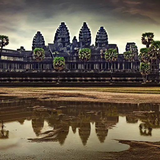 Prompt: an epic matte painting by weta digital, a massive temple like Angkor wat designed by hr giger, lofi low contrast dark retro palette, hyper realistic octane render 4k, lens flare, light leaks, golden hour