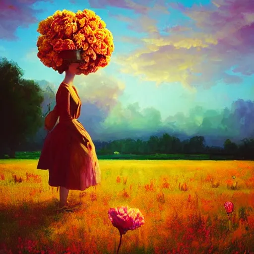 Image similar to girl with a giant carnation head, surreal photography, flower field, sunset dramatic light, impressionist painting, colorful clouds, blue sky, digital painting, artstation, simon stalenhag