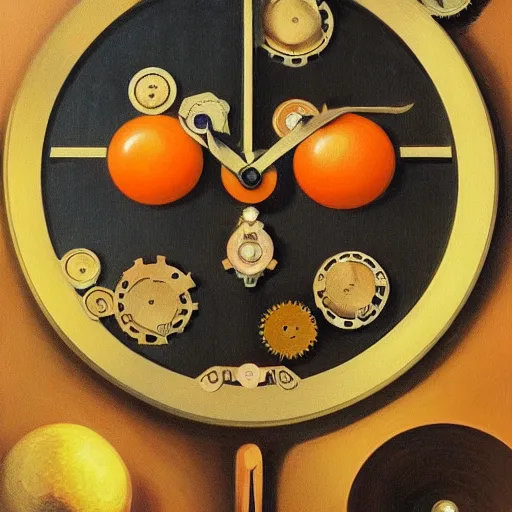Prompt: orange fruit!! halved to reveal internal clockwork, steampunk, gears, springs, metalwork, brass, gold, intricate, painting by magritte, highly detailed