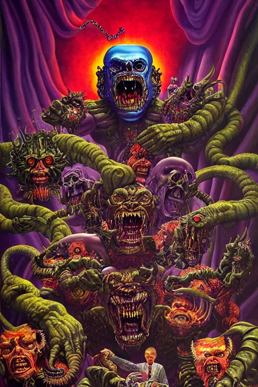 Image similar to a hyperrealistic painting of an epic boss fight against an ornate supreme dark overlord, cinematic horror by chris cunningham, lisa frank, richard corben, highly detailed, vivid color,