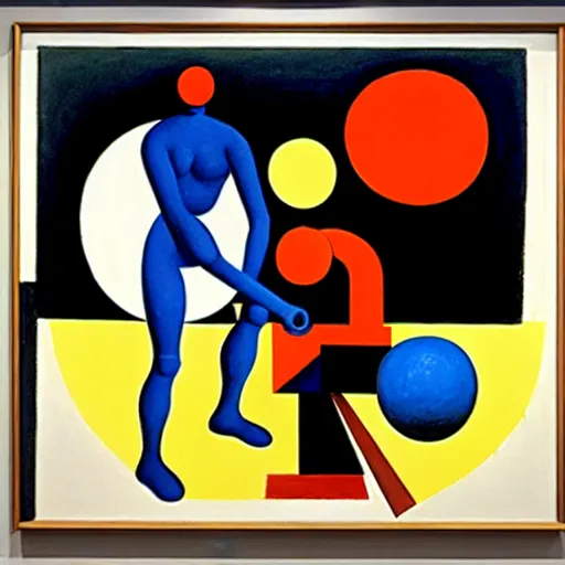 Prompt: melancholic complex suprematism painting of mechanic formed figure working on an sphere machine in height by malevich, throwing hard long shadows in complex construct room by oskar schlemmer, edward hopper vibe, liminal space, oil on canvas