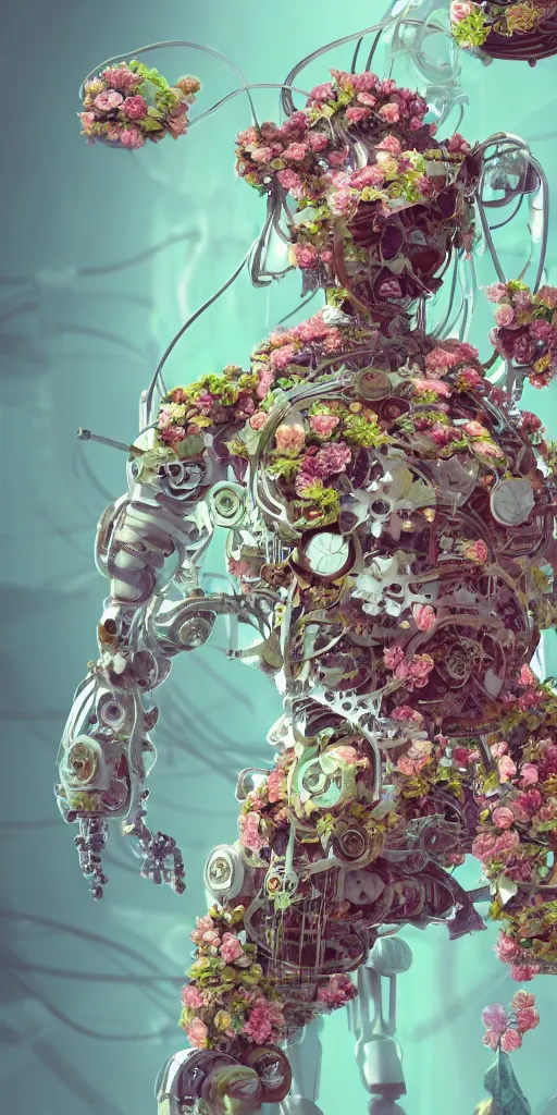 Image similar to a lovely mechanical cornucopia of flowers and human body parts, scifi, futuristic, utopian, machine parts, body parts, wires, circuits, highly detailed, octane render, cinematic