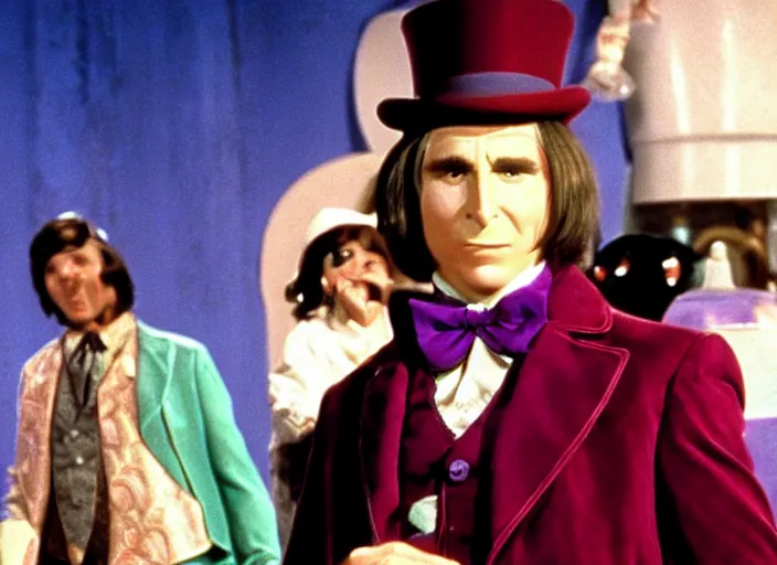 Prompt: film still of Christian Bale as Willy Wonka in Willy Wonka and the Chocolate Factory 1971