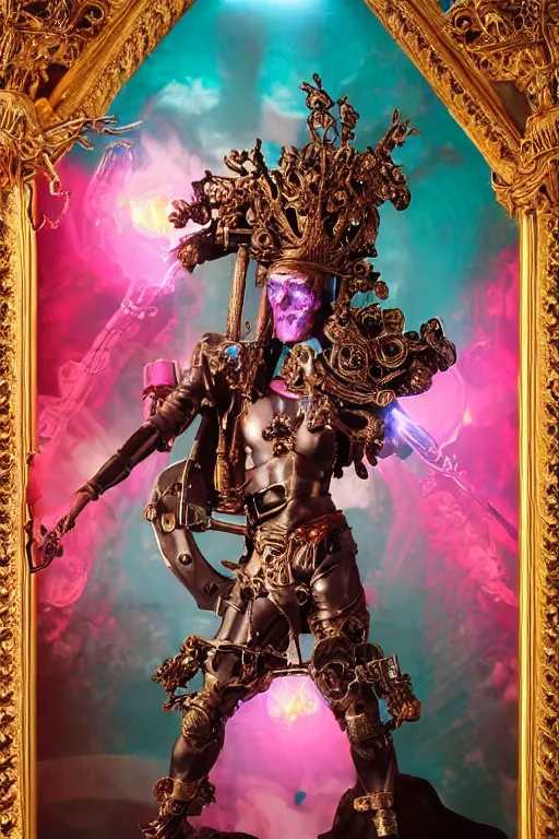 Image similar to a young handsome Spanish metal android with a large glowing pink lit crystal in the center of his chest, full-body bronze cyberpunk style statue of Icarus with glowing red eyes, crown of mechanical peach roses, flowing teal-colored silk, fabric, steampunk flowers. baroque elements, human skull. full-length view. baroque element. intricate artwork by caravaggio. many flying horses on background. Trending on artstation, octane render, cinematic lighting from the right, hyper realism, octane render, 8k, depth of field, 3D