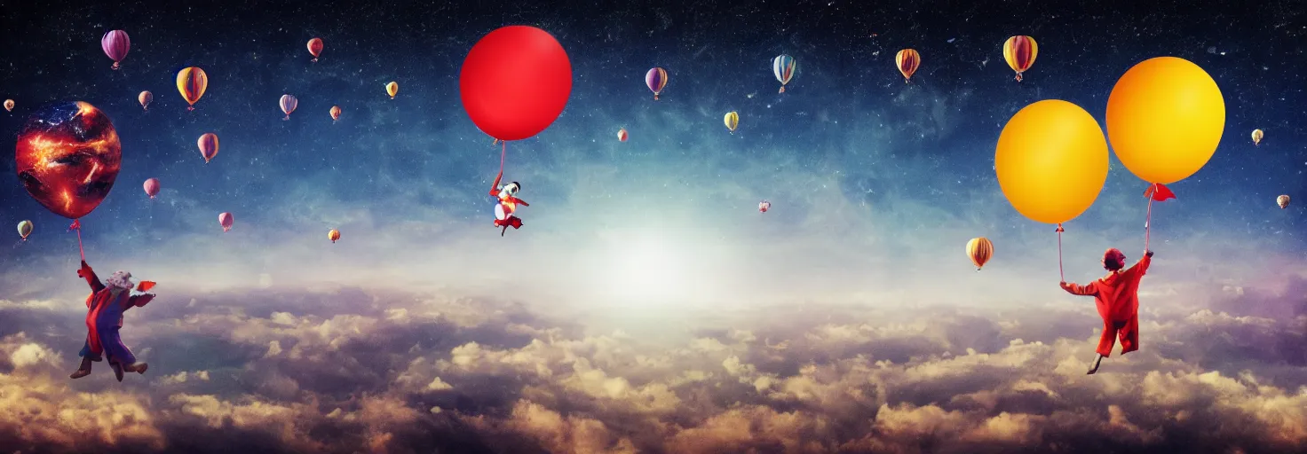 Prompt: floating clown and balloons, entire planet Earth in the background, in space, cosmos, sky full of stars, inspiring, epic, cinematic, award-winning, highly-detailed