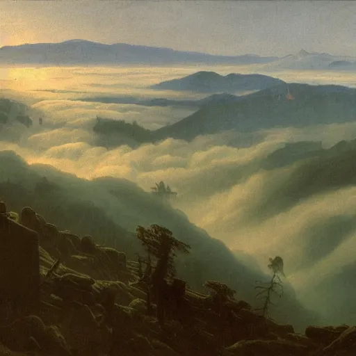 Image similar to mountains above the clouds, village in the mountain, long parallel wooden platforms, tents, colors, misty clouds, sun at dawn, painting by caspar david friedrich