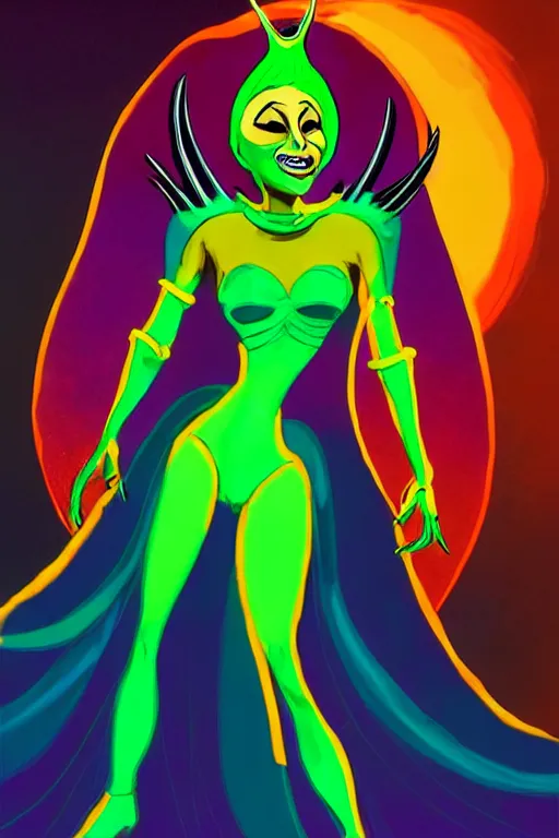 Image similar to lady gaga as queen toxique, an alien supervillainess with mutagenic powers, glowing energy effects, full color digital painting in the style of don bluth, jamie hewlett, artgerm, artstation trending, 8 0 s vibes