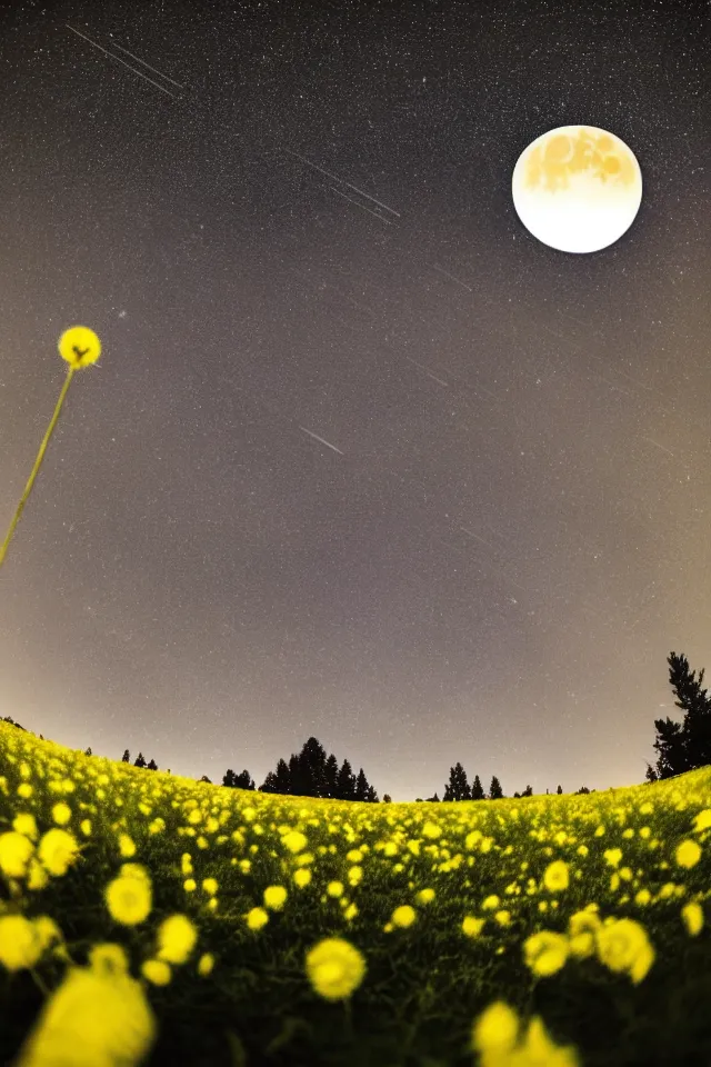 Prompt: low angle, shot from below. two very large moons in night sky. milky way in the night sky. meteor shower. field of big frozen yellow flowers. f 1. 8 lens, lens flare, bokeh. long exposure. high detail. photorealism