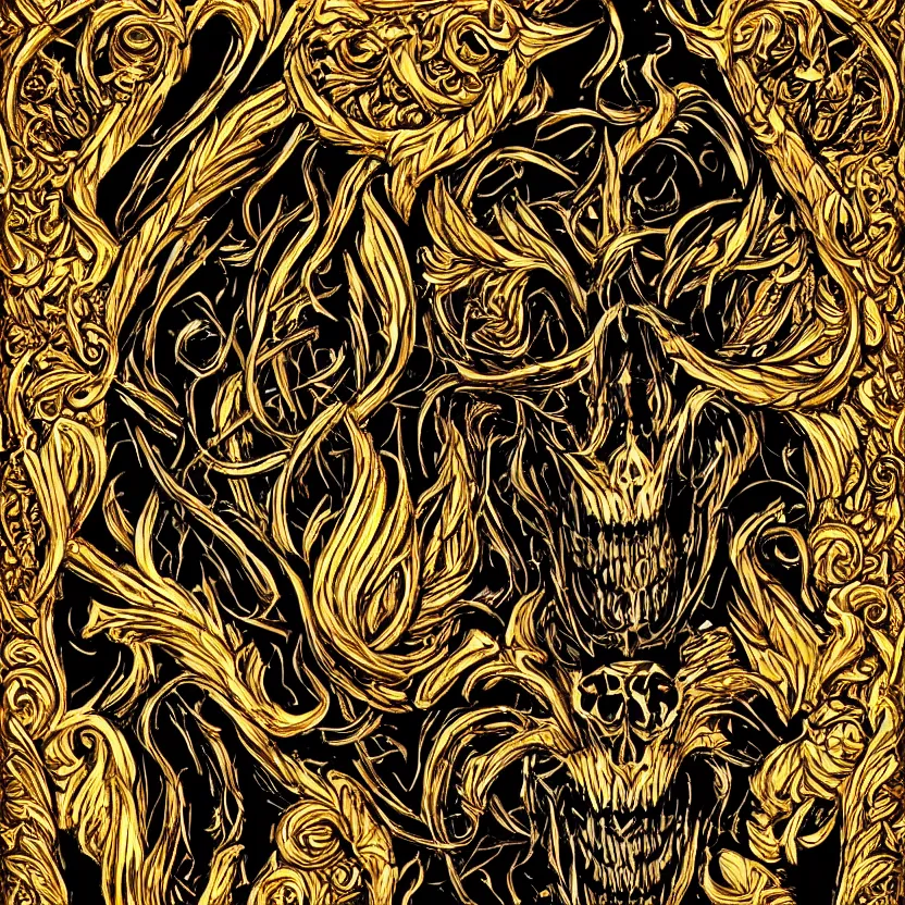 Image similar to photo of wolf skull on bones, dramatic lighting, circural, golden ornaments, symmetric, intricate skeletal decorations, symmetry, highly detailed, concept art, black, glimpse of red, white, gold layers, centered, style of nekroxiii, hyperrealistic, black background, smoke