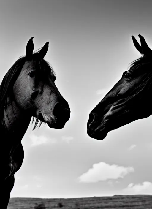 Image similar to two horses black and white portrait white sky in background