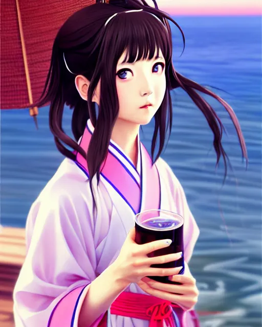 Image similar to very cute girl holding a drink in hanfu near the sea | very anime!!!, fine face, audrey plaza, realistic shaded perfect face, fine details. anime. strong realistic shaded lighting poster by ilya kuvshinov katsuhiro otomo ghost, magali villeneuve, artgerm, jeremy lipkin and michael garmash and rob rey