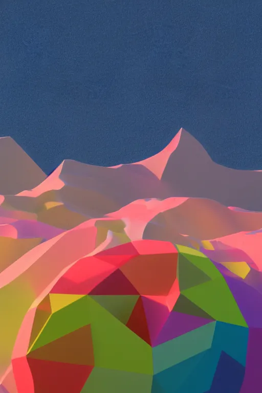 Image similar to geometric 3 d render, soft bright pastel, rainbow fireball in the middle, mountains surrounding, rule of thirds