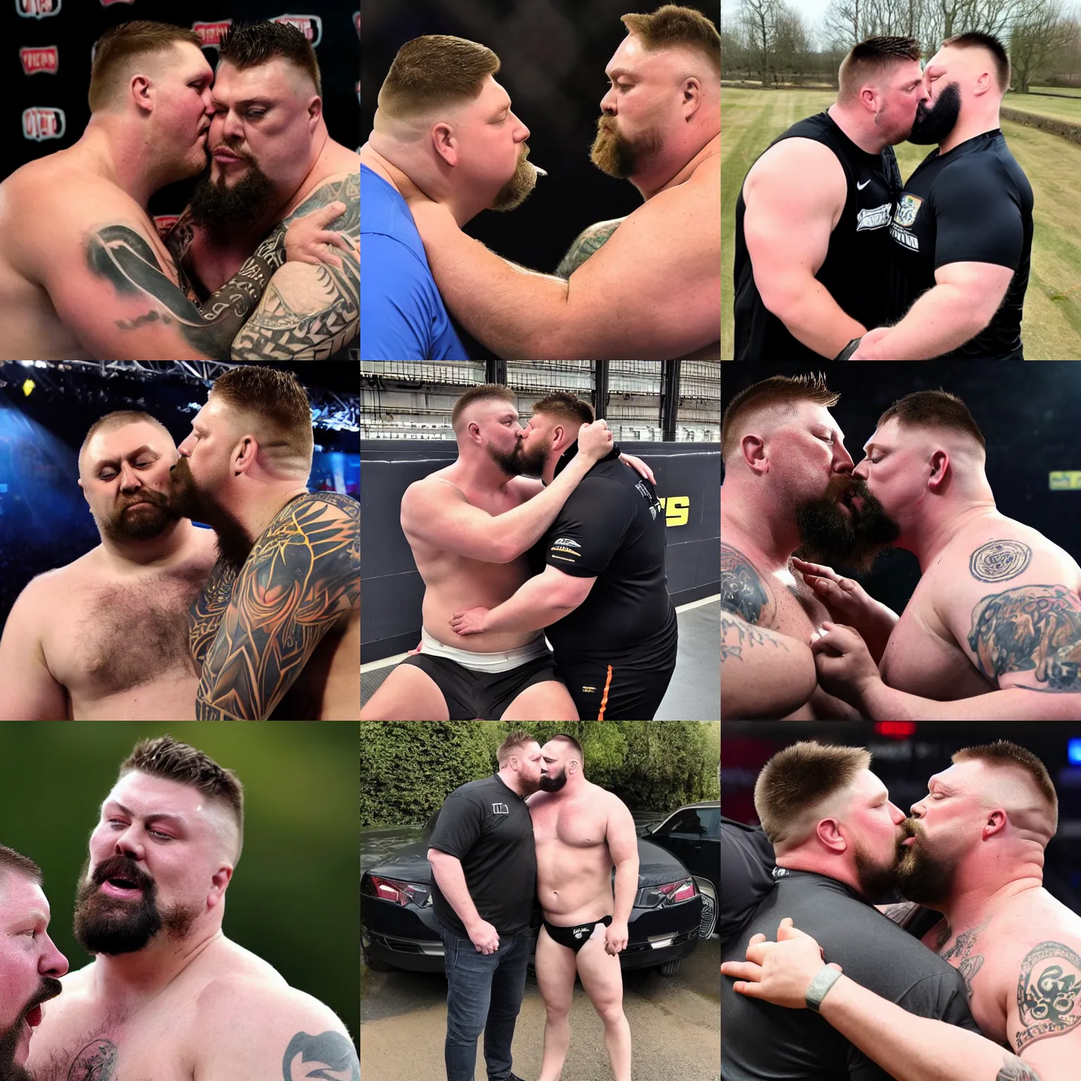 Prompt: bryan shaw and eddie hall kissing