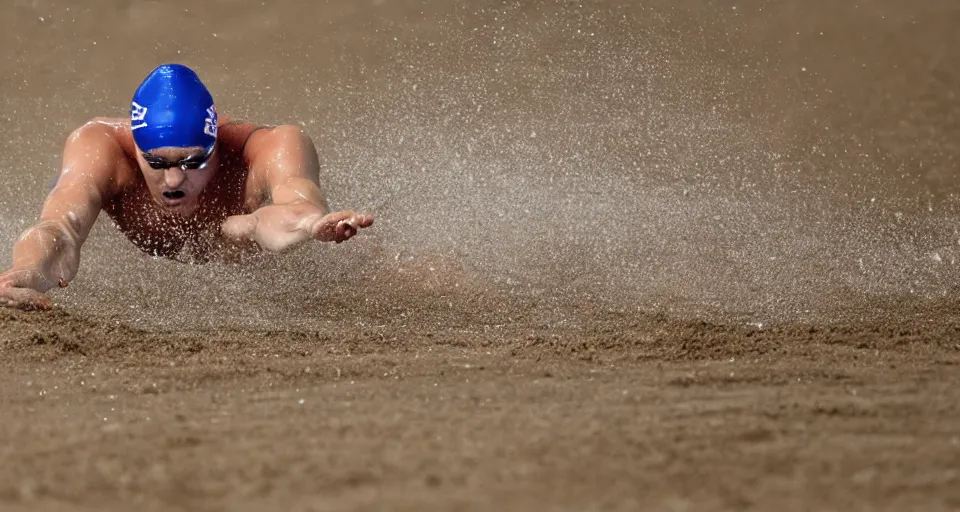 Image similar to olympic swimming in sand instead of water, extremely coherent, motion blur